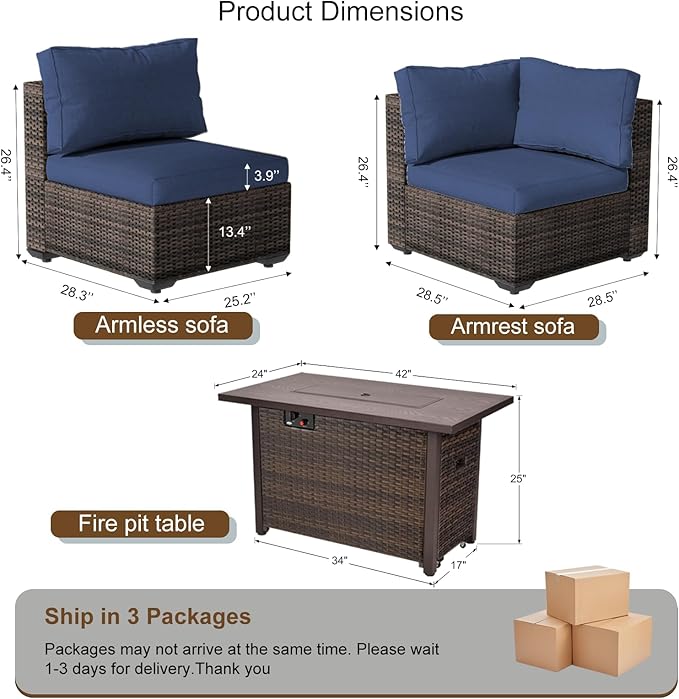 7 Pieces Patio Furniture Sets Outdoor Sectional Sofa with 44'' Propane Rattan Wicker Firepit Table, Patio Sectional Conversation Set with Cushions for Backyard, Poolside, Garden Blue