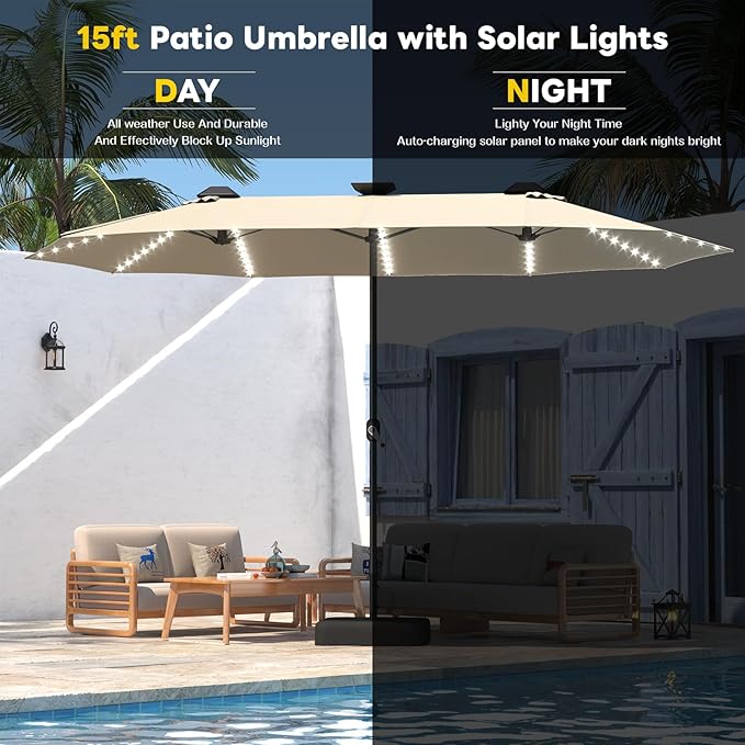 AECOJOY 15ft Large Patio Umbrella with Solar Lights, Double-Sided Outdoor Rectangle Market Umbrella with Base Included, 156 PCS LED Lights, Crank Handle for Garden Deck Pool in Tan(1.9" Pole)