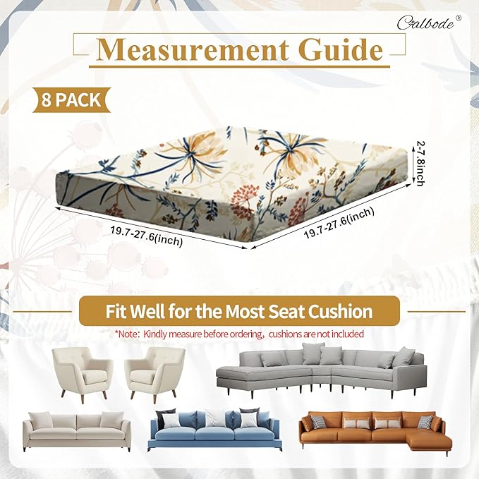 CALBODE 8PACK Outdoor Sofa Seat Cushion Covers, Floral Printed Stretch Polyester Elastic Detachable Half-Pack Sofa Cover, for Patio Terrace Garden Sofa Seat Cushion Cover