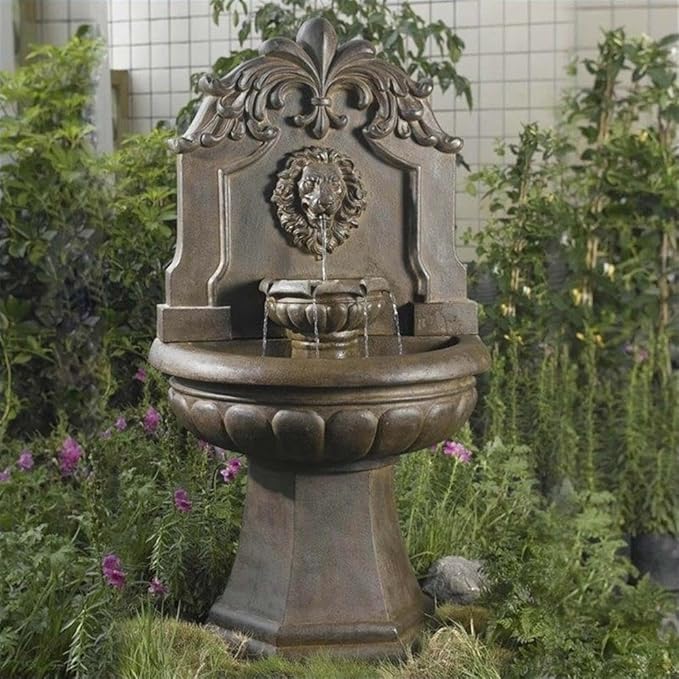 Pemberly Row Copper Lion Head Water Fountain, 60" H x 32" W x 21" D, Polyresin & Fiberglass Construction, Weatherproof, Electric Pump Included, Indoor or Outdoor Use, Stone Look, Tiered Garden Decor
