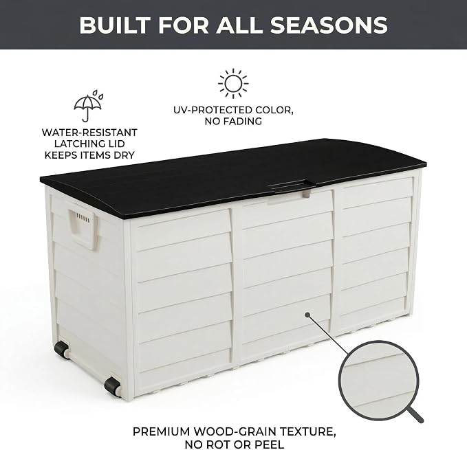 75 Gallon Outdoor Storage Box, 260L Waterproof Resin Deck Box for Patio Furniture Cushions, Garden Tools and Yard Accessories, Lockable Storage Chest with Wheels and Handles (Black+White)