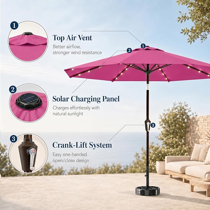 10FT Solar Patio Umbrella with Lights, Outdoor Table Market Umbrella with 32 LED Lights, 8 Sturdy Ribs, Push Button Tilt and Crank for Pool, Deck and Garden, UV-Resistant