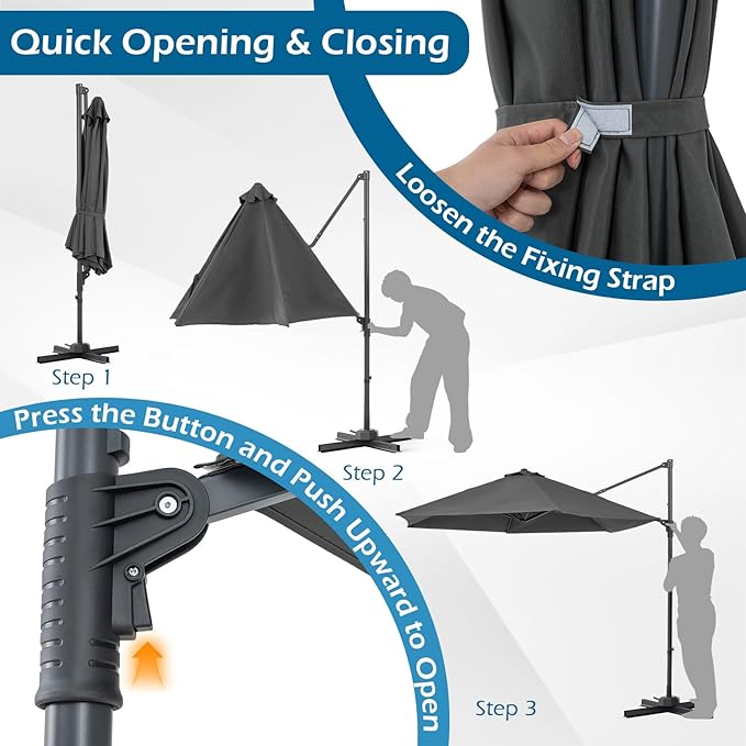 Tangkula 10FT Patio Umbrella, Offset Cantilever Outdoor Umbrella with 360 Degree Rotation, Air Vent, Cross Base for Pool Deck Garden Backyard (Gray)
