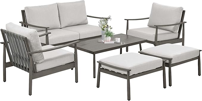 HAPPATIO Patio Outdoor Furniture Set - 6 Pieces Aluminum Outdoor Conversation Set with 1 Cushioned Loveseat, 2 Armchairs, 1 Coffee Table and 2 Ottomans for Yard, Porch, and Deck (Grey)