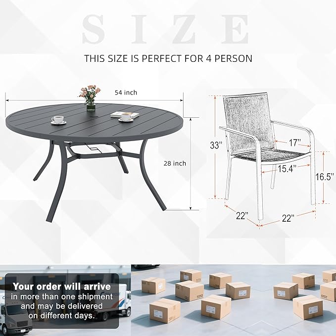 Anmutig Outdoor 54" Round Patio Table and Chairs Dining Set for 6 Person, Stackable Chairs with Beige Textilene, Armrest