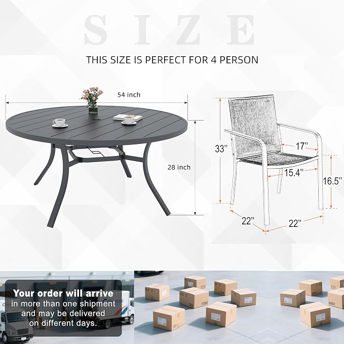 7 Piece Outdoor Dining Set with Patio Cherry Red Stackable Chairs,54" Table | 6 or 8 Person Use, Stackable Chairs, Textilene Seat&Back, Large Metal Round Slat Table, 1.56"-1.9" Umbrella Hole, All Weather
