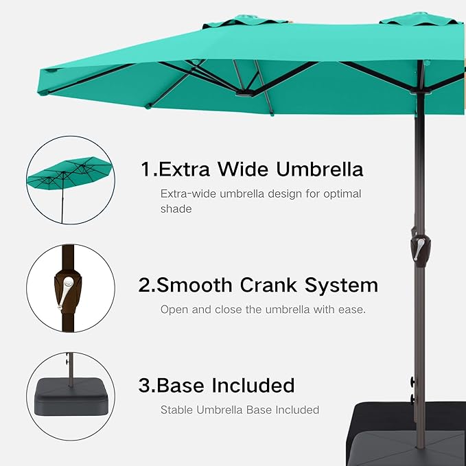 Kingdura 15ft Large Patio Umbrella with Base Included, Double-Sided Rectangle Outdoor Table Umbrella with 12 Reinforced Ribs, Crank Lift for Market Pool Deck Backyard, Tiffany blue