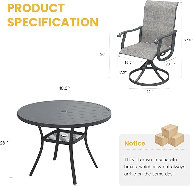 VICLLAX 5 Pieces Patio Dining Set, Outdoor Dining Set for 4-40.6" Round Patio Table and 4 Outdoor Swivel Chairs for Lawn Garden, Grey Tabletop and Grey Fabric
