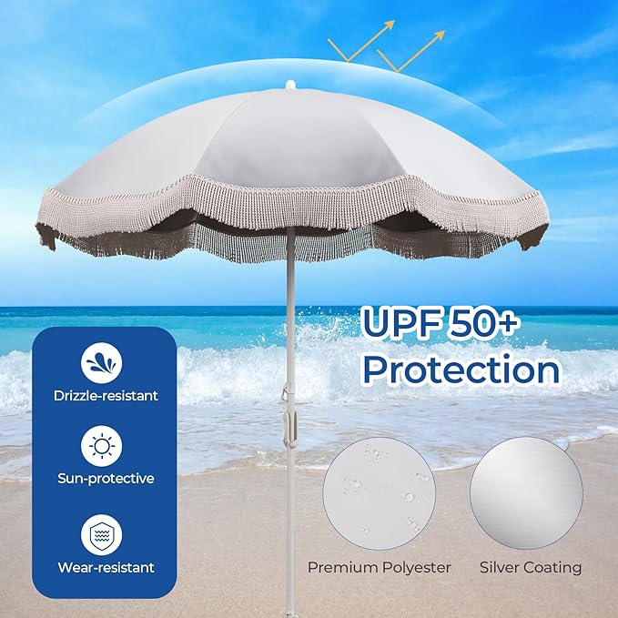 Tangkula 6.5FT Beach Umbrella with Fringe, UPF50+ Outdoor Boho Umbrella with Tassels, Push Button Tilt, Sand Anchor, 8 Ribs, Vintage Patio Umbrella with Carry Bag for Sand Deck Pool Garden Backyard