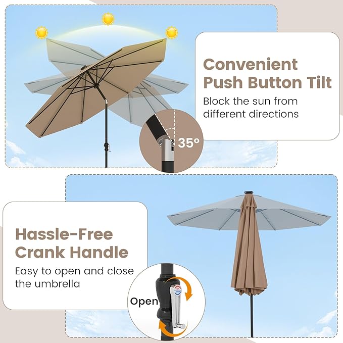 Tangkula 10 FT Solar Patio Umbrella, Outdoor Market Table Umbrella with 96 Multi-Colored Flowing LED Lights, 9 Modes, Tilt Adjustment, Crank Handle, 8 Ribs, Vented Top for Backyard Poolside Deck Lawn (Tan)