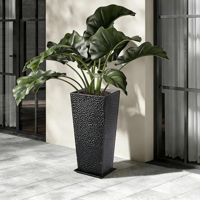 BAYN 2-Pack 24" Tall Metal Planter – Hand-Hammered Textured Large Black Flower Pots Box with Saucer for Outdoor&Indoor, Garden, Porch, Patio, Yard with Pre-Drilled Drainage Holes
