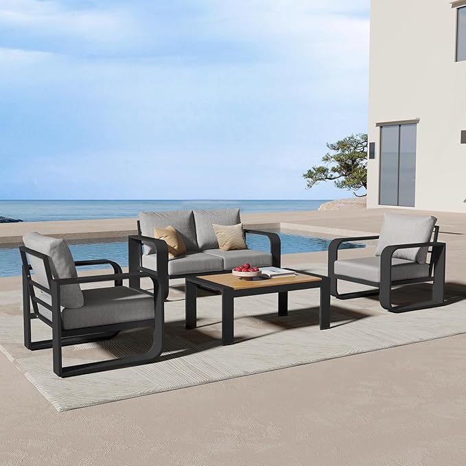 Aluminum Outdoor Patio Furniture Set, 4 Piece Oversized Patio Conversation Sets Widened Armrest & Ultra-Thick Cushions, Heavy Duty Modern Sectional Furniture for Backyard, Deck, Gray