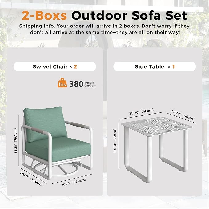 3-Piece Aluminum Patio Furniture Set, Outdoor Swivel Rocking Chairs with 6.5" Thick Cushions & Coffee Table, All-Weather Rust-Resistant Frame Conversation Set for Porch, Garden, Backyard, White