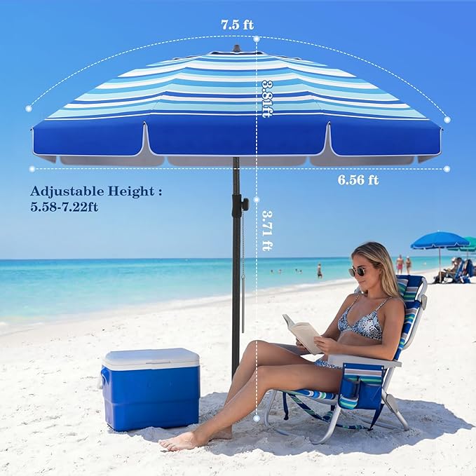 UIRWAY Beach Umbrella, Heavy Duty Windproof Beach Umbrellas with Sand Anchor & Tilt, Sun Protection Portable Beach Umbrella with Carrying Bag for Beach, Patio Garden Pool Outdoor