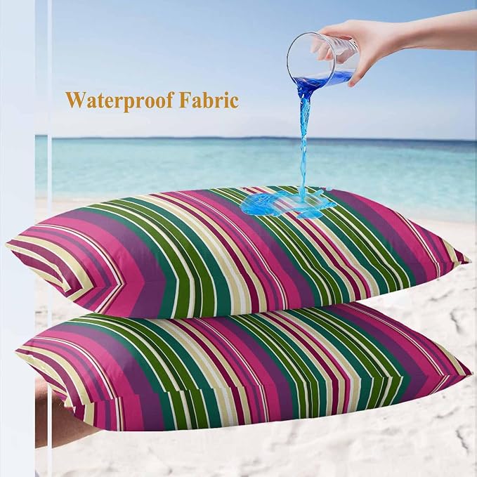 Outdoor Waterproof Throw Pillow Covers Set of 2 Pink Striped Lumbar Pillowcases 20x12 Inches Geometric Green Stripes Decorative Pillows Cushion Case Patio Pillows for Couch Bed Chair Garden