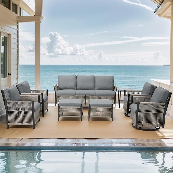 Wicker Outdoor Furniture Set, 8 Piece Patio Conversation Sets, Comfort Swivel Rocker Glider Patio Chairs Set of 4 with Ottoman and Rattan Sofa (Grey)