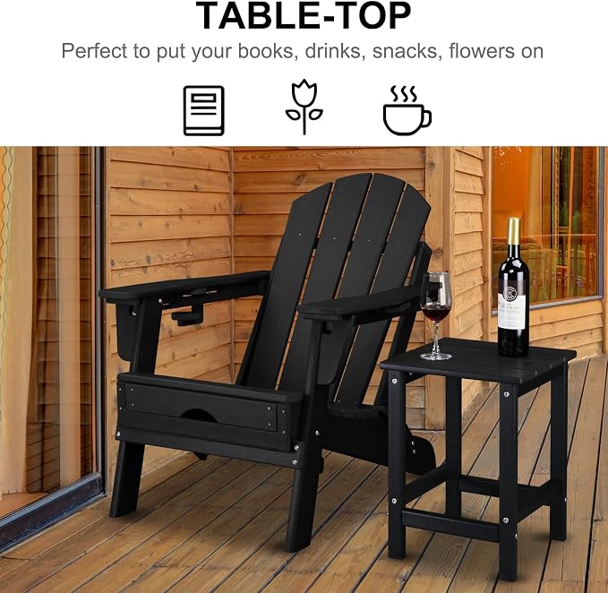 Adirondack Side Table - Waterproof & Colorfast HDPE Plastic with Square Slatted Top, 14x14x18.5 in, Black