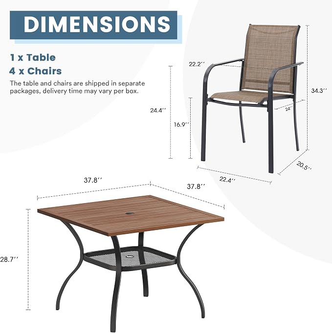 DIFY 5 Pieces Outdoor Dining Table Chair Set, Patio Dining Set with 1 Walnut Square Curved Legs Table with and Umbrella Hole & 4 Brown Stackable with Armrests Chairs for Lawn, Garden, Porch