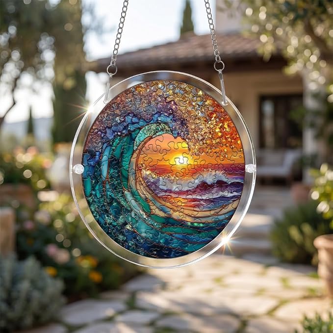 Acrylic Puzzle Suncatcher, Ocean and Sun Stained Glass Window Hanging, Sun Catcher Puzzle Kit Home Garden Decor, Creative Mothers Day and Birthdays Gifts for Mom, Wife, Sisters, 7.87 inch