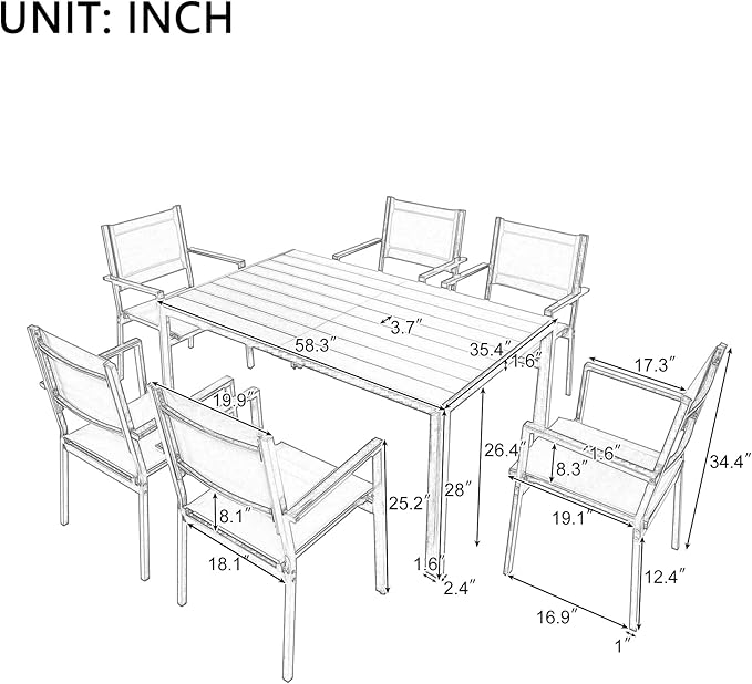 Outdoor 7 Piece Dining Table and Chair Set, Steel Outdoor Table with 6 Chairs for 6 Persons, Patio Dining Table Set with Chairs, Patio Conversation Set for Garden Patio Balcony Backyard, Black