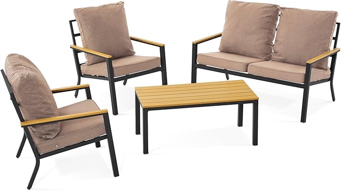 ivinta 4 Pieces Patio Furniture Sets with Coffee Table, Modern Wrought Iron Outdoor Conversation Sets with Removable Seating Cushion for Backyard Garden Porch, PF05 (Beige)