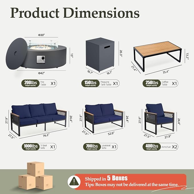 UPHA 7 Pieces Patio Furniture Set with 42" Propane Gas Fire Pit Table, Metal Outdoor Sectional Couch Set with Loveseat & 3-Seat Sofa, Modern Patio Conversation Set for Porch Balcony Deck, Navy Blue