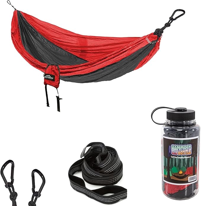 Hammock In a Bottle By Castaway Living, Red/Black Double Camping Hammock with 2 Tree Straps, 32 oz. Bottle, Triple Stitched Durable Nylon Material, Compact Design for Travel, Beach, Backyard, 400 Lbs.