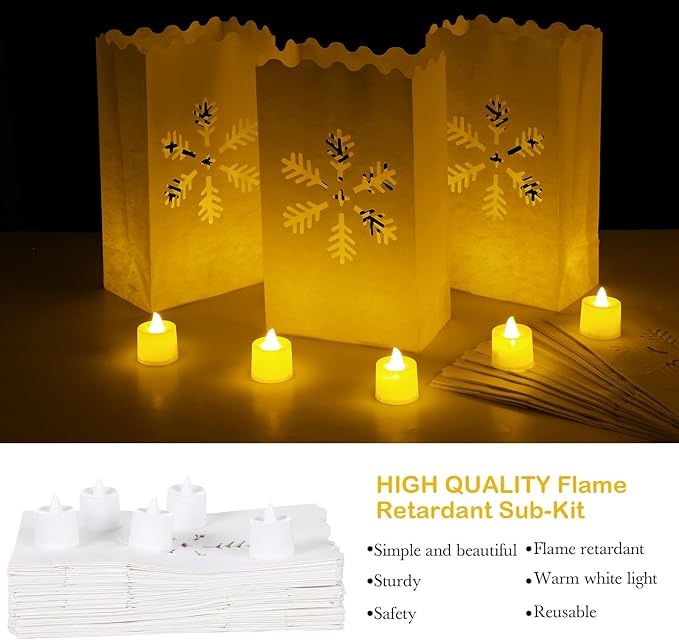 Sabary 50 Sets Luminary Bags with Flameless Tea Lights Outdoor Luminaries LED Lantern Candle Bags for Wedding Birthday Ramadan Christmas Party Decorations Romantic Decor(Snowflake)