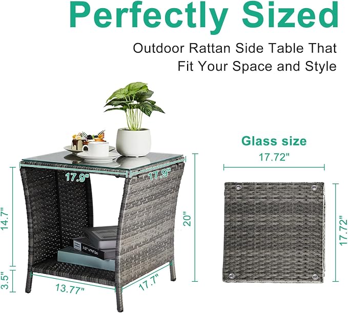 Outdoor Wicker Side Table, 17.9" Square End Table with Tempered Glass Top & Storage Shelf, Resin Wicker Coffee Table for Patio, Porch, Backyard, Balcony,Grey
