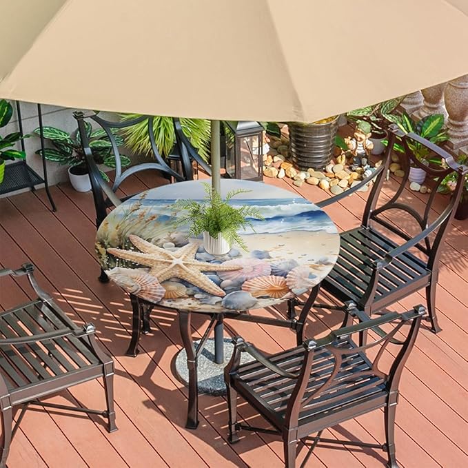 OSAM SPACE Outdoor Tablecloth with Umbrella Hole, Round Elastic Fitted Table Cloth with Invisible Zipper, Beach Starfish Picnic Patio Table Cover 45-56in