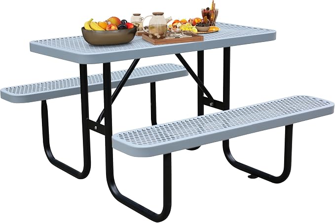 4FT Rectangular Metal Picnic Table for Outdoors, Commercial Steel Metal Picnic Tables, Heavy Duty Sturdy Picnic Tables Furniture Set for Patio Garden Courtyard BBQ, with Umbrella Hole, Grey