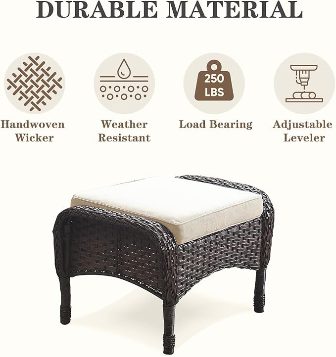 Belord Outdoor Ottomans for Patio Foot Rest - 25 Inch PE Wicker Foot Stool Set of 2 with Removable Cushions for Patio Furniture Sets,All Weather Rattan Ottoman for Balcony Backyard Brown