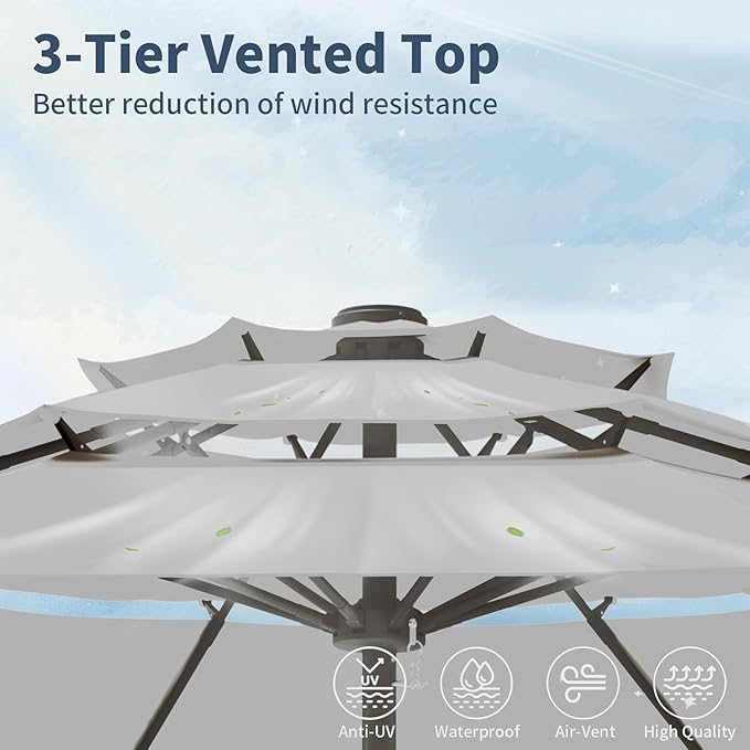 9FT 3 Tiers Patio Umbrella With Auto Tilt And Crank, Outdoor Table Market Umbrella with 8 Sturdy Ribs for Garden, Lawn, Deck, Backyard and Pool