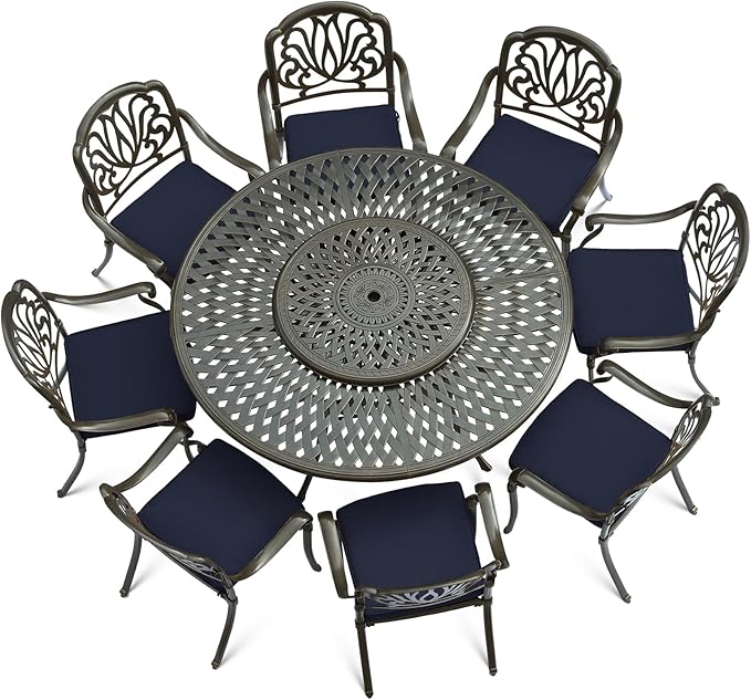 VIVIJASON 9-Piece Patio Furniture Dining Set, Rust-Free Cast Aluminum Outdoor Conversation Set, Include 8 Cushioned Chairs & 61" Round Dining Table with 31" Lazy Susan, Umbrella Hole, Navy Blue