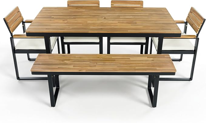 RUNNA Elegant 6-Piece Outdoor Patio Dining Table Set with Cushioned Chairs, Bench and Adjustable Feet for Family Gatherings and Garden, Backyard Dining (Beige-M/S)