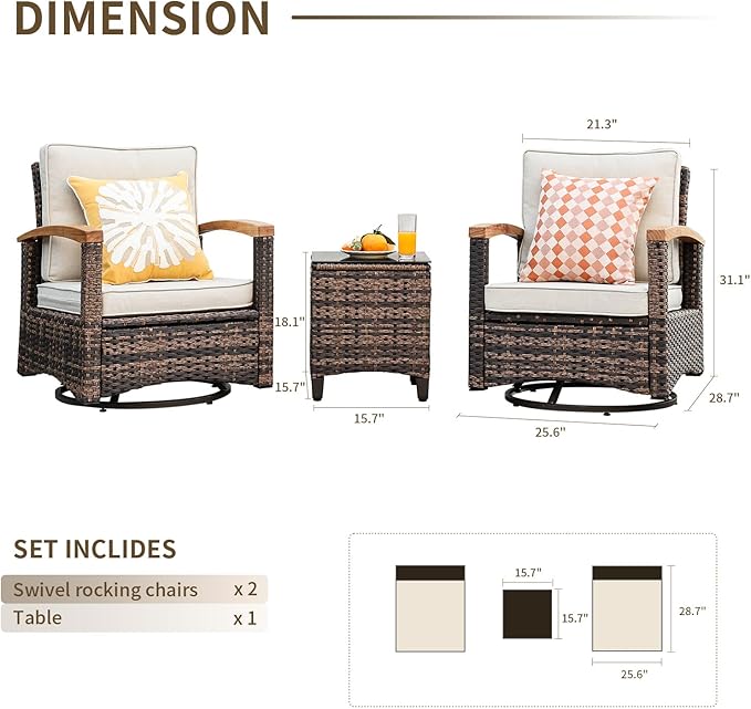 MEISSALIVVE 3 Piece Outdoor Swivel Rocker, Patio Furniture Bistro Set with 360° Wood Armrests Swivel Rocking Chairs and Side Table for Porch,Deck,Balcony (Brown)