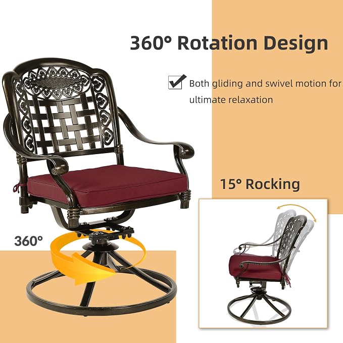 3-Piece Outdoor Patio Dining Set, All-Weather Cast Aluminum Patio Furniture Set for Backyard Garden Deck with 2 Swivel Cushioned Chairs and 31” Round Table, 2" Umbrella Hole, Chili Red