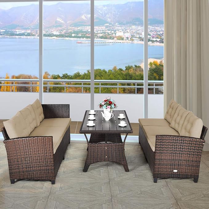 Tangkula Patio Furniture Set, 3 Pieces Outdoor Conversation Set with 6 Cushioned Seat & Coffee Table, Rattan Couch Set for Balcony, Garden, Lawn, Poolside and Backyard (Brown)