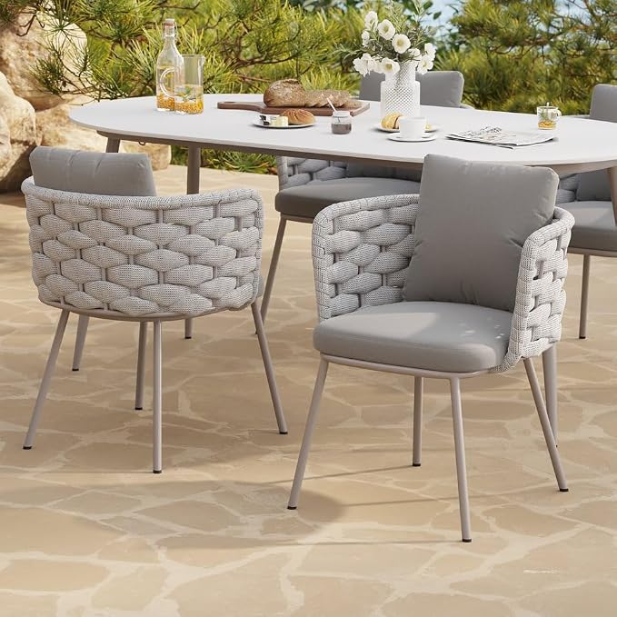 2-Piece Mid Century Modern Outdoor Patio Dining Chairs - Aluminum & Rope Woven Armchairs, Gray Cushions for Comfortable Outdoor Seating
