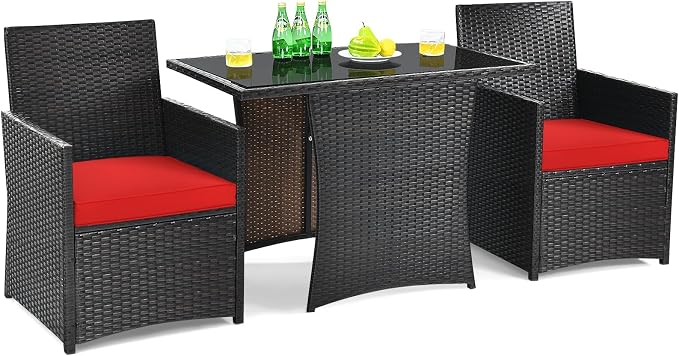DORTALA Wicker Patio Bistro Set 3 Piece, Outdoor Table and Chairs with Tempered Glass Tabletop, Cushions, Small Rattan Furniture Conversation Sofa Set for Balcony, Porch, Backyard, Deck, Red