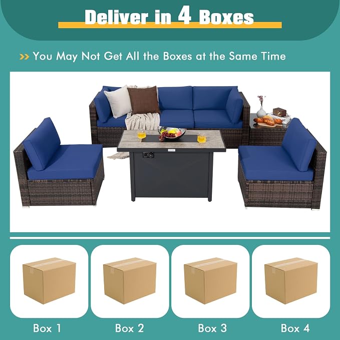 Tangkula 7 Piece Patio Furniture Set with Fire Pit Table, Includes 42 Inches 60,000 BTU Propane Rectangle Fire Pit Table and Protective Cover, Outdoor Cushioned Sectional Sofa Set for 5 (Navy)