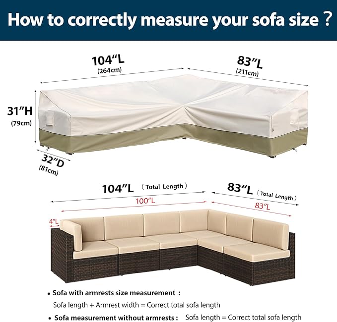 Outdoor Sectional Cover-L-Shaped Patio Furniture Covers Waterproof Rip-Stop Anti-UV 600D Heavy Duty Outdoor Couch Cover with 3 Air Vents, Right-facing 104''L (83''L) 32''D 31''H, Light Green