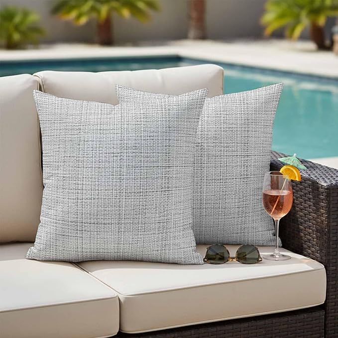 Outdoor Waterproof Throw Pillow Covers Set of 2 Grey Linen Texture Pillowcases 16x16 Inches Solid Color Decorative Pillows Cushion Case Patio Pillows for Couch Bed Chair Garden