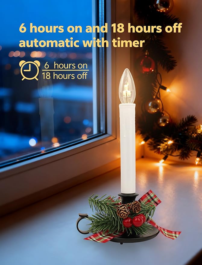 Cherished Holiday Flameless Window Candles, 4 Pack Battery Operated Taper Candles with Auto Timer, 10.5" Classic Electric Candle Lights for Christmas, Windows, and Holiday Decorations