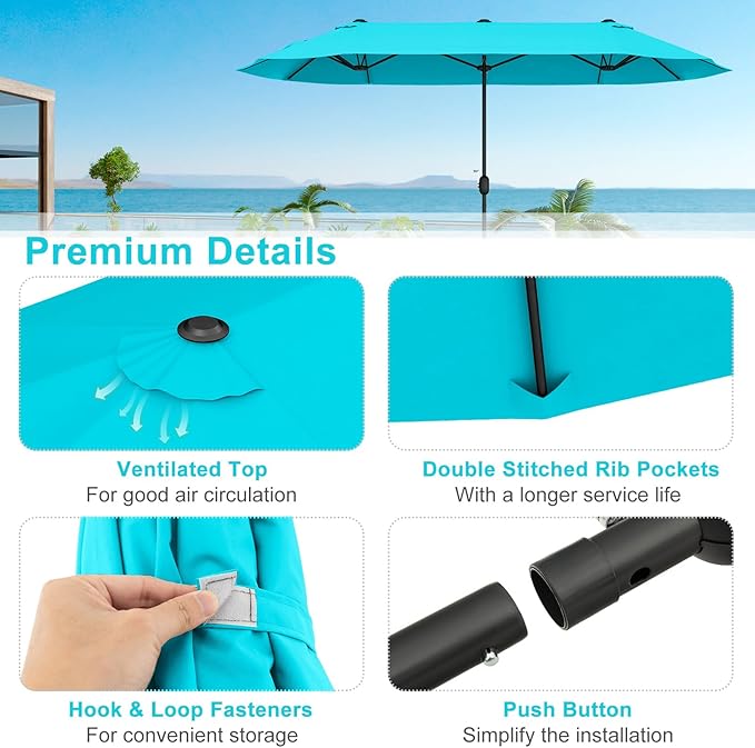 Giantex Patio Umbrella with Base, Double-Sided Outdoor Umbrella with Crank Handle, Umbrella Base Stand with 2 Sandbags, 12 Metal Ribs, Market Umbrellas for Garden Poolside Deck
