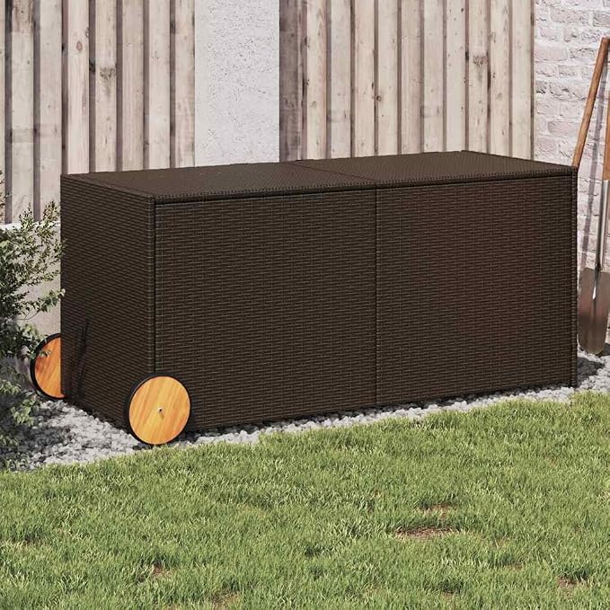 Garden Storage Box Brown, 283 Gallon Large Outdoor Deck Box for Patio Cushions, Poly Rattan Storage Chest with Wheels and Gas Lift, Rectangular Container for Terrace