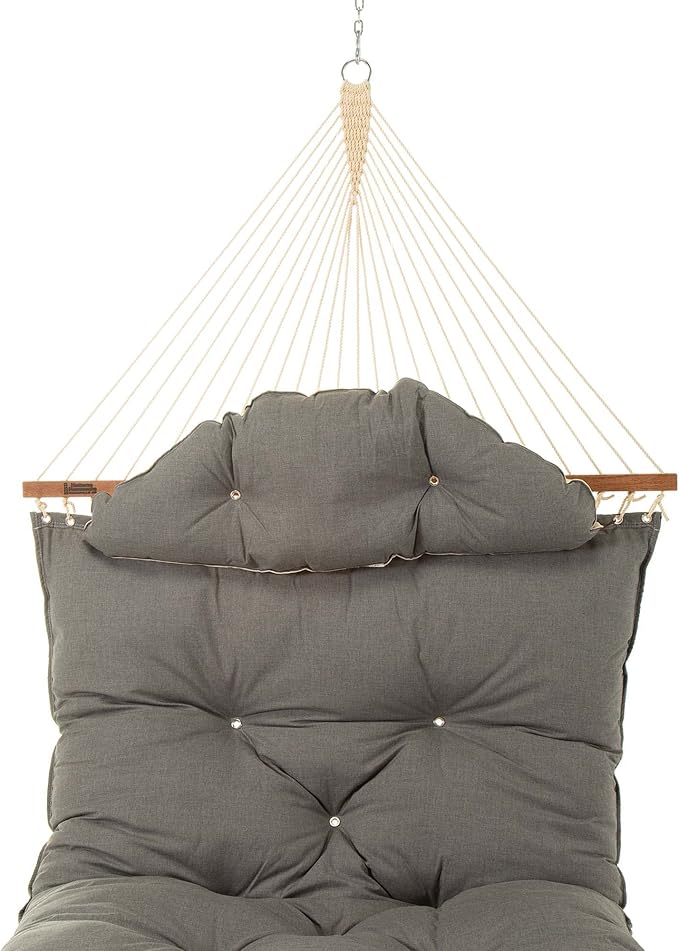 Hatteras Hammocks Large Cast Slate Sunbrella Tufted Hammock with Detachable Pillow – 13 ft. x 55 in., 2-Person, 450 lb Capacity, Cumaru Spreader Bar – Handcrafted in The USA