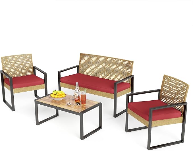 PHI VILLA Wicker Patio Furniture Set for 4, Small Patio Loveseat and Chairs with Acacia Wood Coffee Table, Outdoor Conversation Set with Red Cushion, Front Porch Furniture for Deck, Yard, Garden
