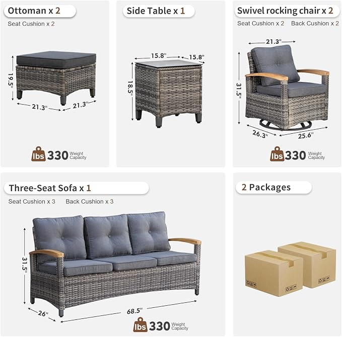 MEISSALIVVE 6 Pieces Patio Furniture Sets,Wicker Patio Conversation Sets with 2 Wood Armrests Swivel Glide Chairs, 2 Ottomans for Deck Yard and Poolside (Grey)