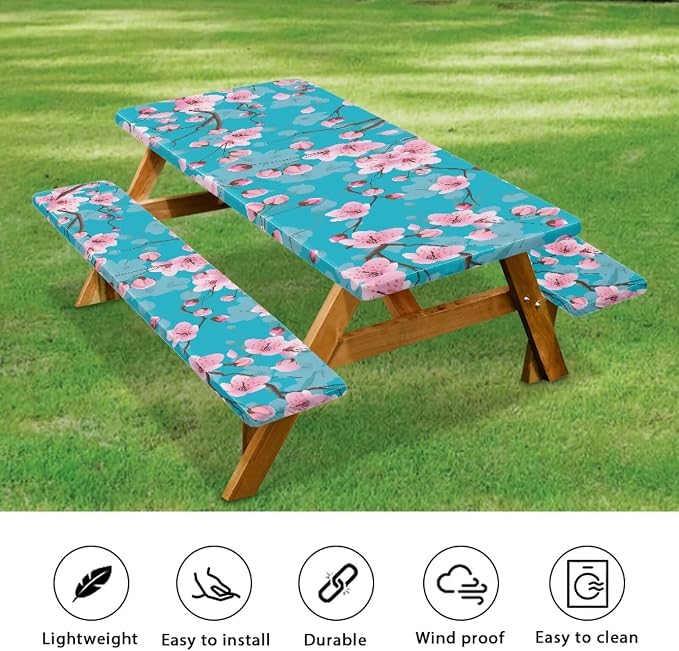 Cherry Blossom Table Cover with Bench Covers Washable Rectangle Table Cover Outdoor Patio Camping Essentials Picnic Table and Chair Decorative Cover Suitable for Thanksgiving